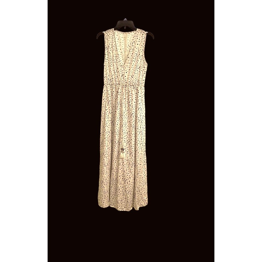 White Sleeveless V- Neck Maxi Dress with Navy Blue Polka Dot Pattern NWOT